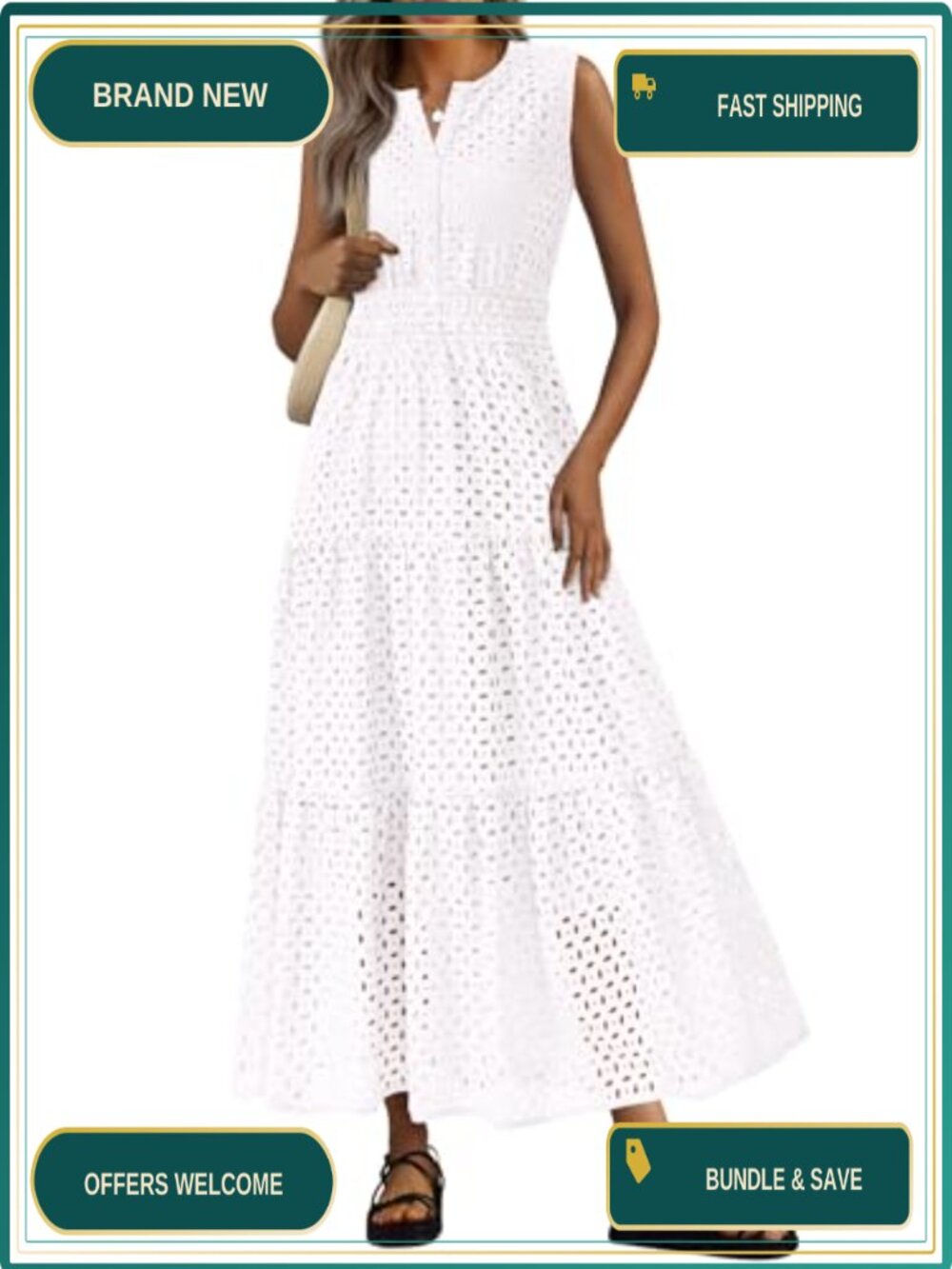 Women's Sleeveless Eyelet Maxi Dress V-Neck A-Line Long Flowy Summer Casual
